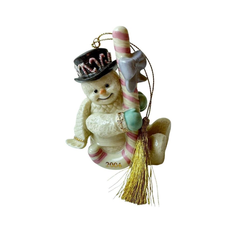 Vintage 2004 Lenox Ivory China 24K Gold Christmas‎ Snowman Ornament Candy Cane